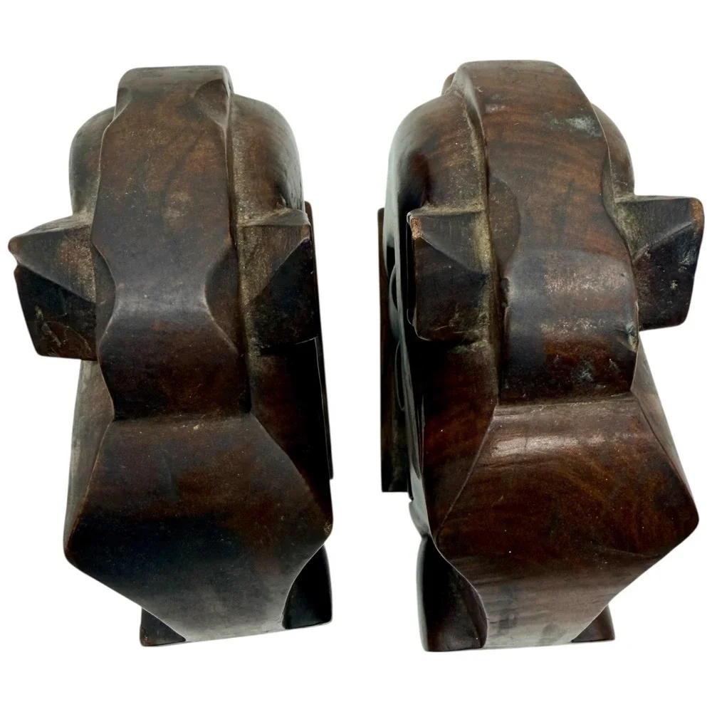 Vintage Hand Carved Wooden Horse Head Bookends Mid Century Modern Dark Wood Pair